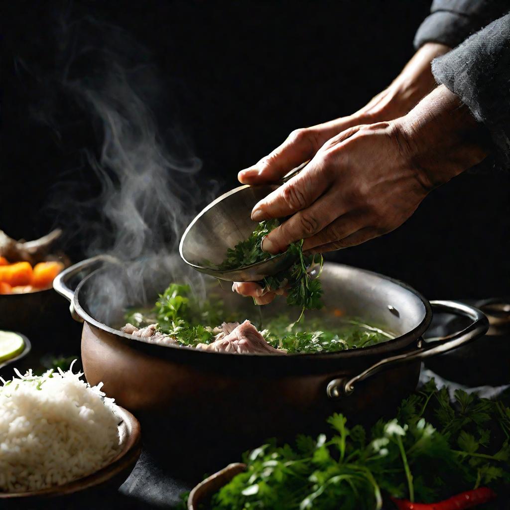 Руки повара добавляют кинзу в готовое харчо