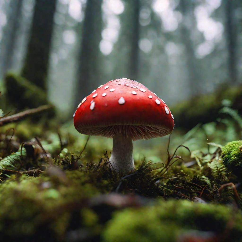 Крупным планом сатанинский гриб с лицом на мху в лесу