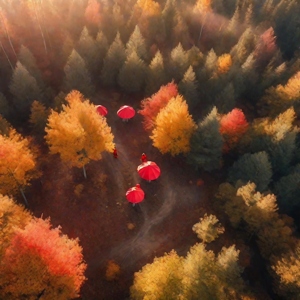 Двое грибников в красной одежде собирают грибы в золотистом лесу осенью