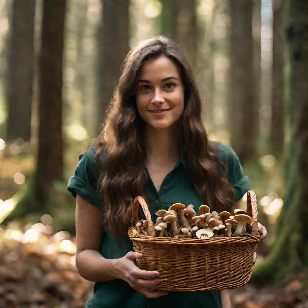 Девушка держит корзину с разными съедобными грибами