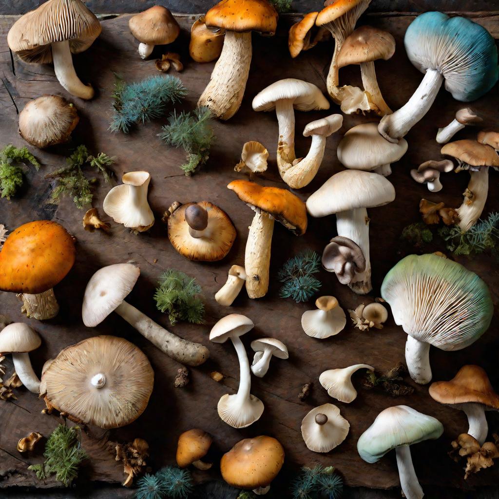 Натюрморт: разные съедобные грибы расположены на столе