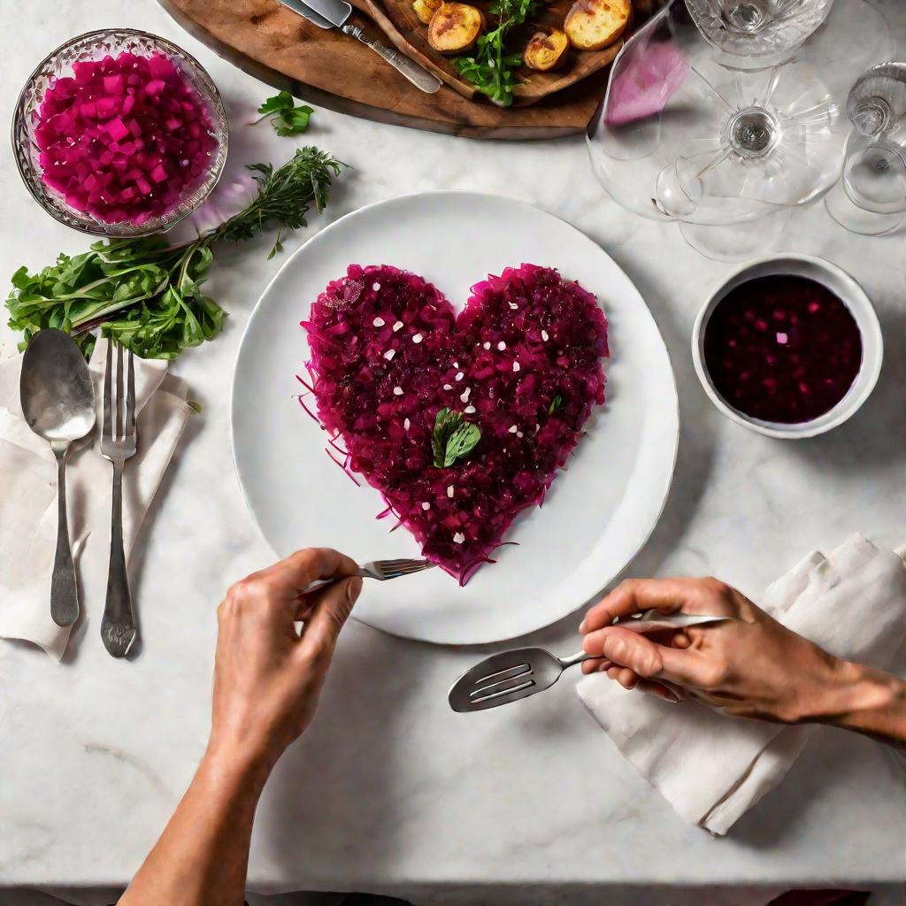 Фото сверху руки, кладущей ложку ярко розового свекольного салата в форме сердца на тарелку рядом с идеально приготовленным стейком за накрытым обеденным столом.
