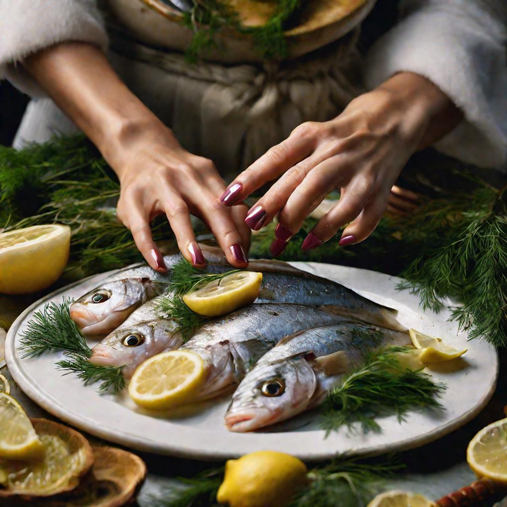 Крупный план рук женщины, раскладывающей кусочки маринованной рыбы на блюде, гарнированном ломтиками лимона, лавровыми листьями и свежим укропом. Освещение мягкое и рассеянное, подсвечивающее блестящую рыбу, капли маринада и яркую зелень. Руки женщины дви