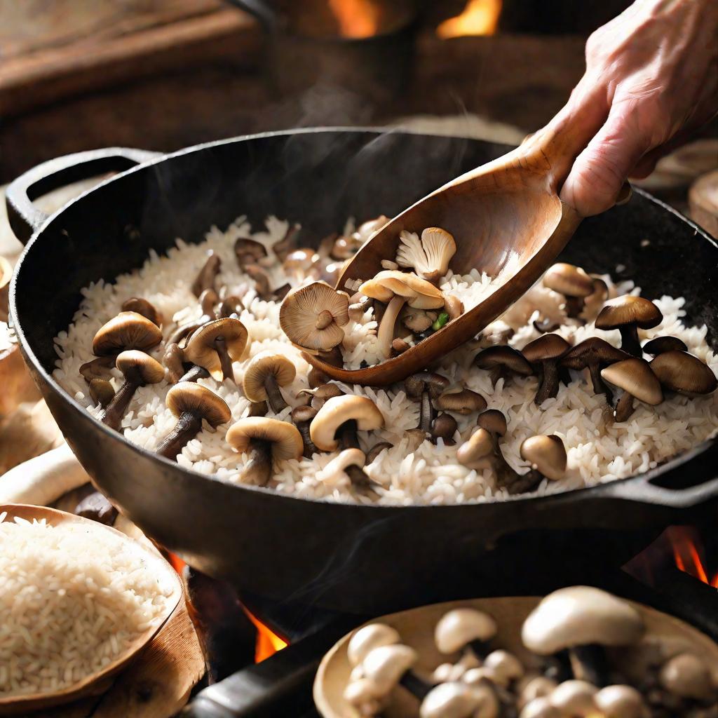 Руки повара, помешивающие рис с грибами в сковороде