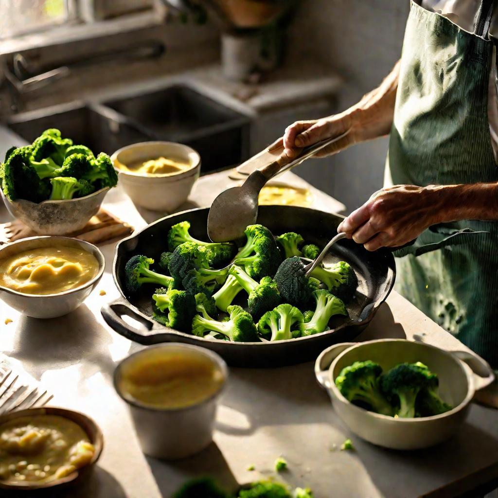 Повар готовит брокколи в сливочном соусе на кухне