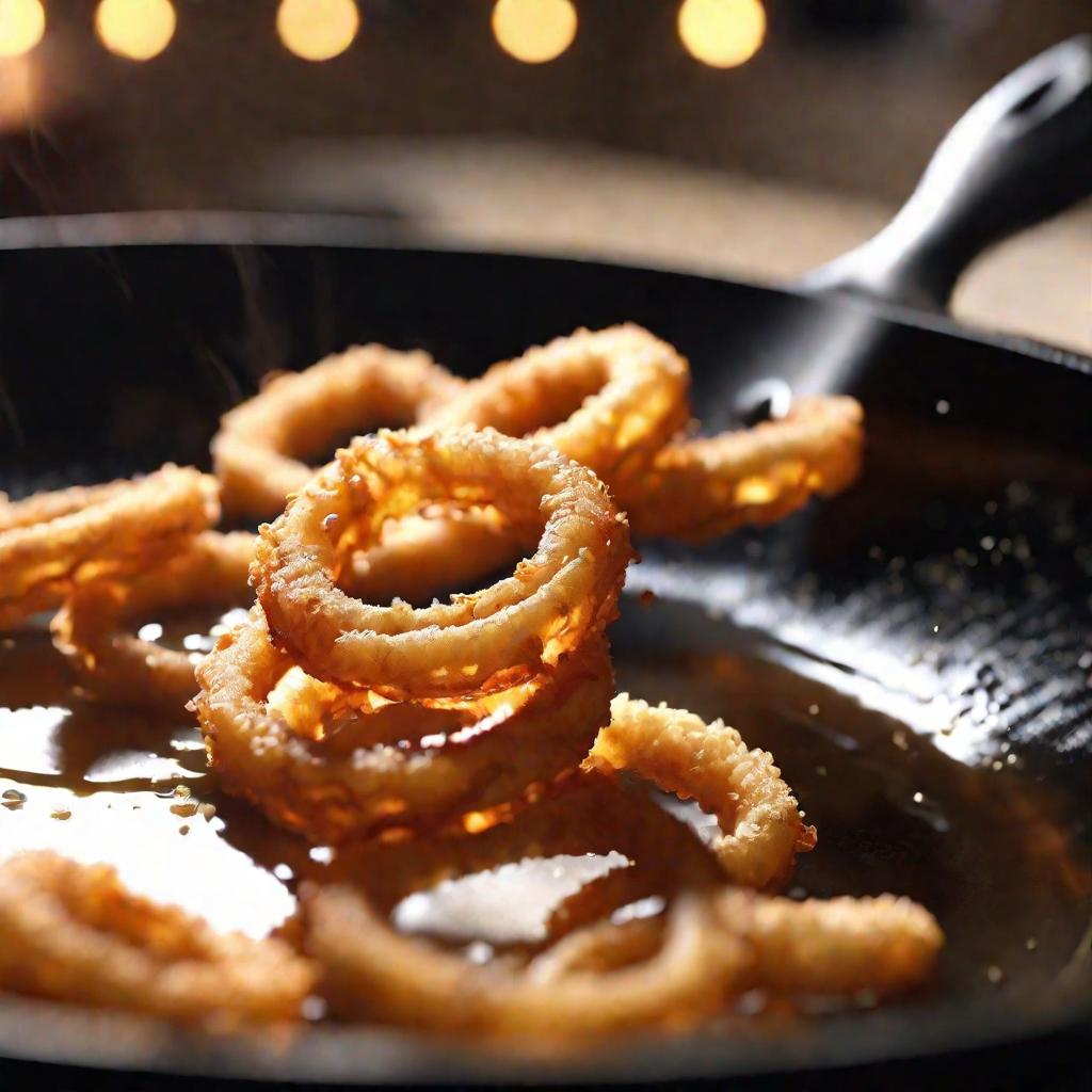 Крупным планом хрустящие луковые кольца выходят из кипящего масла на сковороде при вечернем освещении кухни