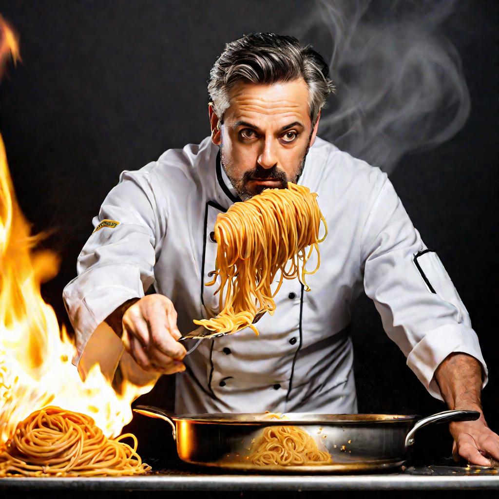 Повар перемешивает спагетти карбонара