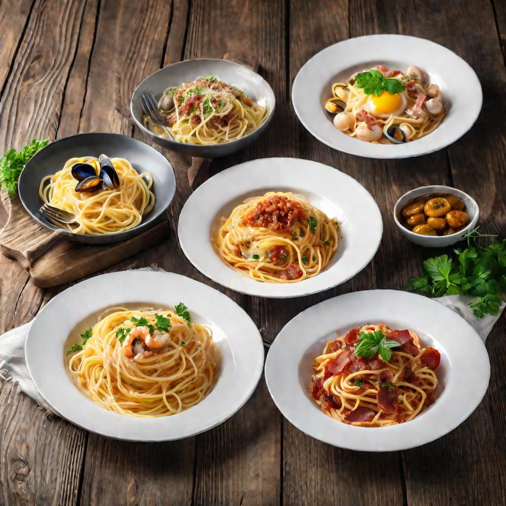 Тарелки со спагетти карбонара, болоньезе и с морепродуктами