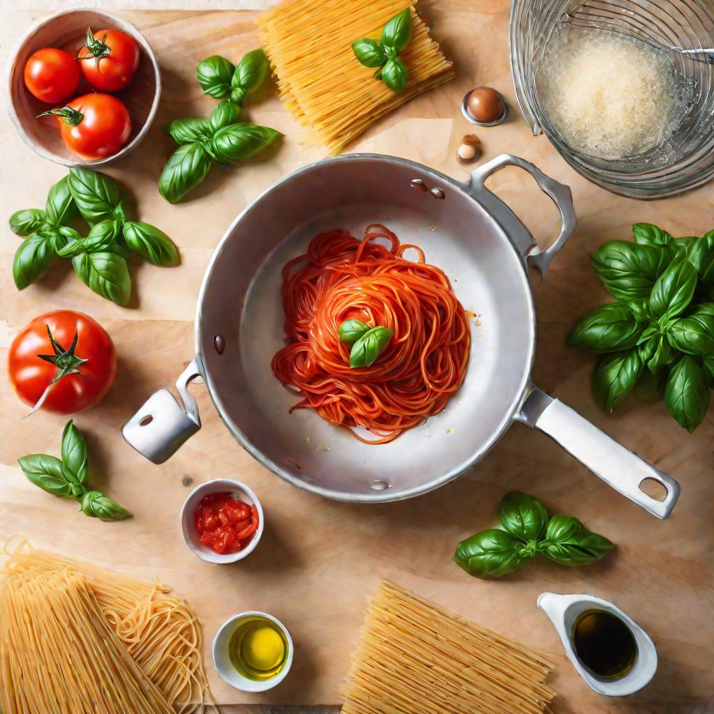 Вид сверху на столешницу кухни с ингредиентами для спагетти, в том числе нарезанными помидорами, свежим базиликом, оливковым маслом и перцем. Яркий дневной свет освещает свежие, яркие ингредиенты, искусно разложенные. На заднем плане размыто показана плит