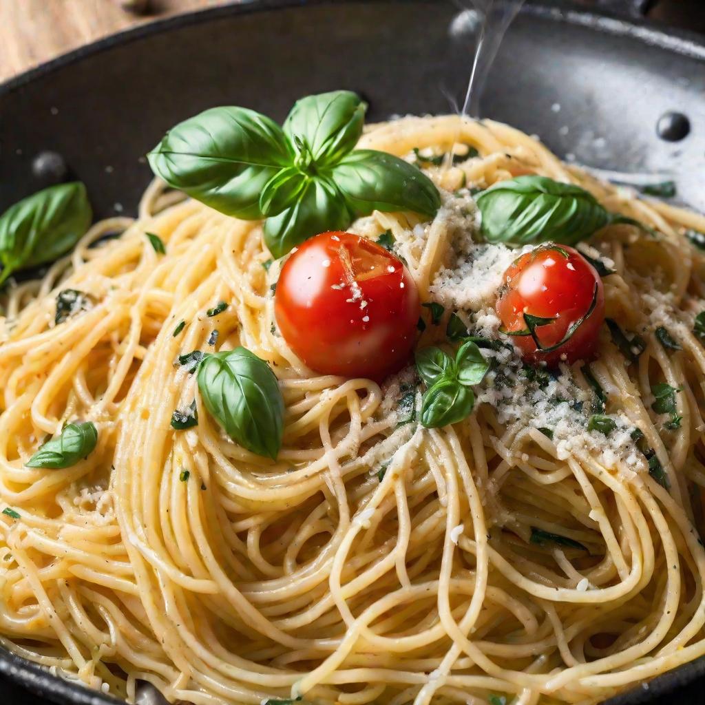 Сзади подсвечивается легкий дымок от горячей сковороды со спагетти альо э олио, создавая драматичное освещение. Спагетти кувыркаются, покрытые оливковым маслом и чесноком, идеально аль денте. Посыпаны тертым сыром, помидорами и базиликом.