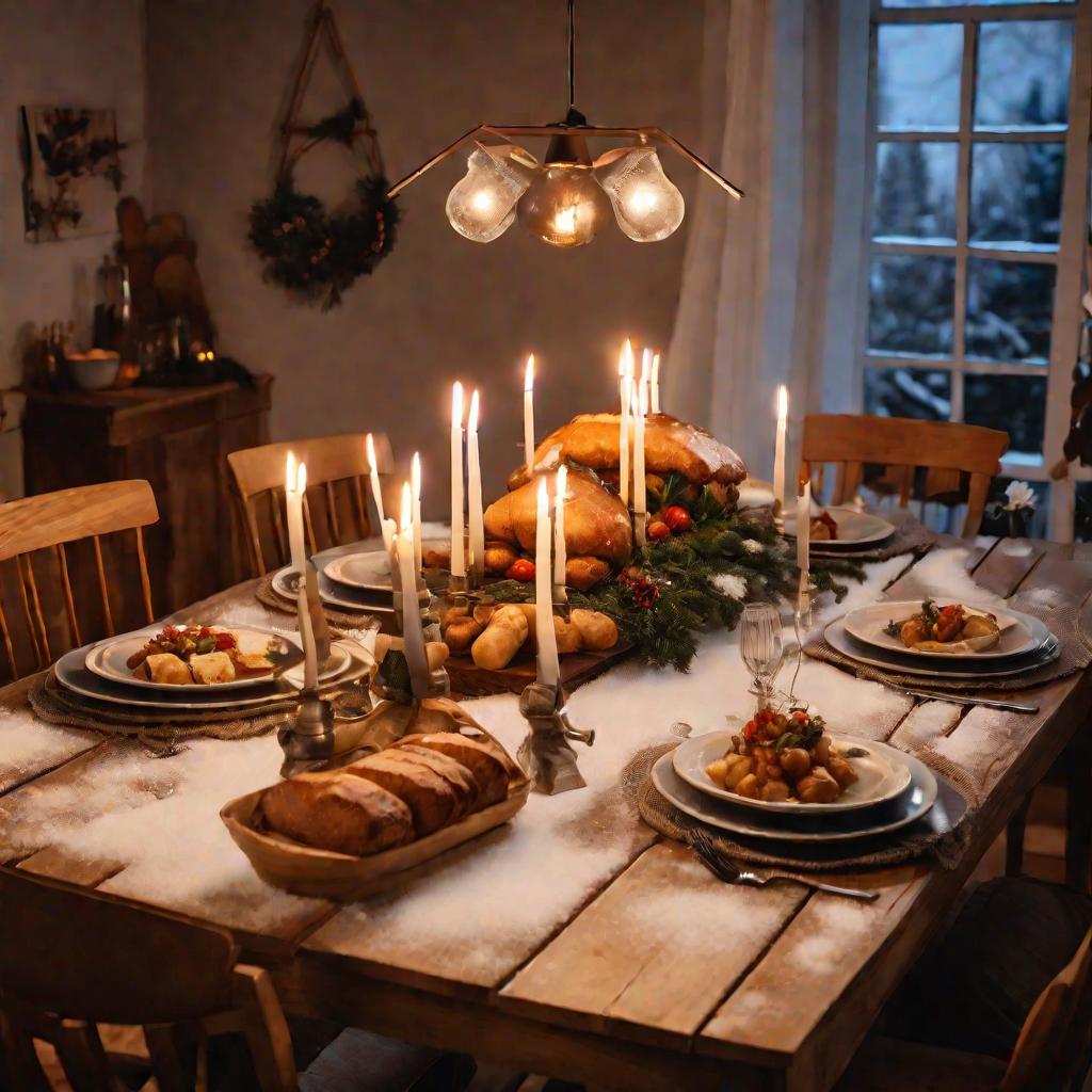 Широкий кадр уютной столовой с деревянным столом, сервированным к ужину, с ароматной тушеной свининой с картошкой в качестве основного блюда, булочками, свечами и цветами в качестве декора, освещено теплым светом ламп в снежный зимний вечер.