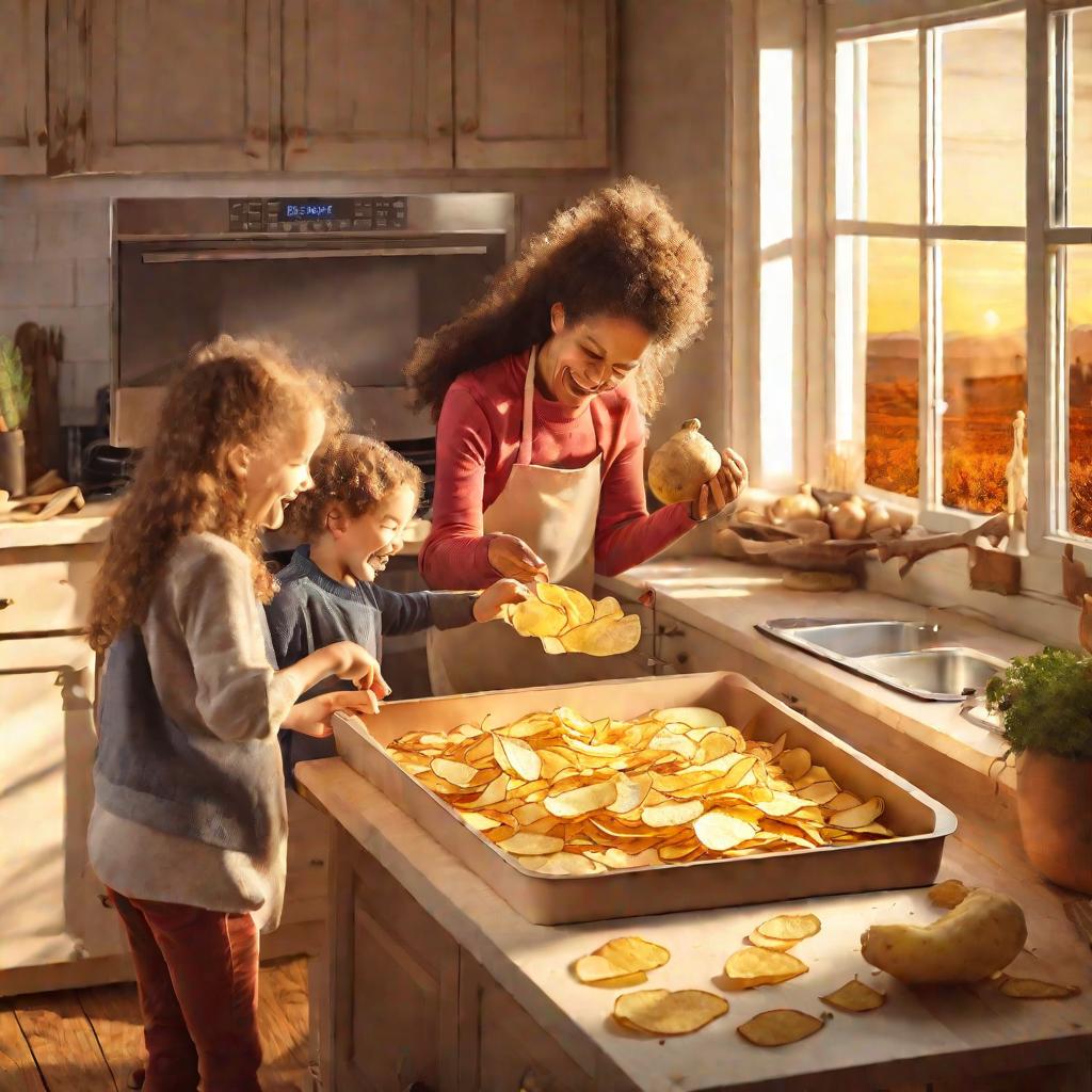 Радостная семья готовит домашние картофельные чипсы в микроволновке в спокойный осенний вечер на кухне в сельском стиле, заполненной ингредиентами. Теплые лучи заката проникают через большие окна. Они собираются посыпать тонкие хрустящие ломтики специями 