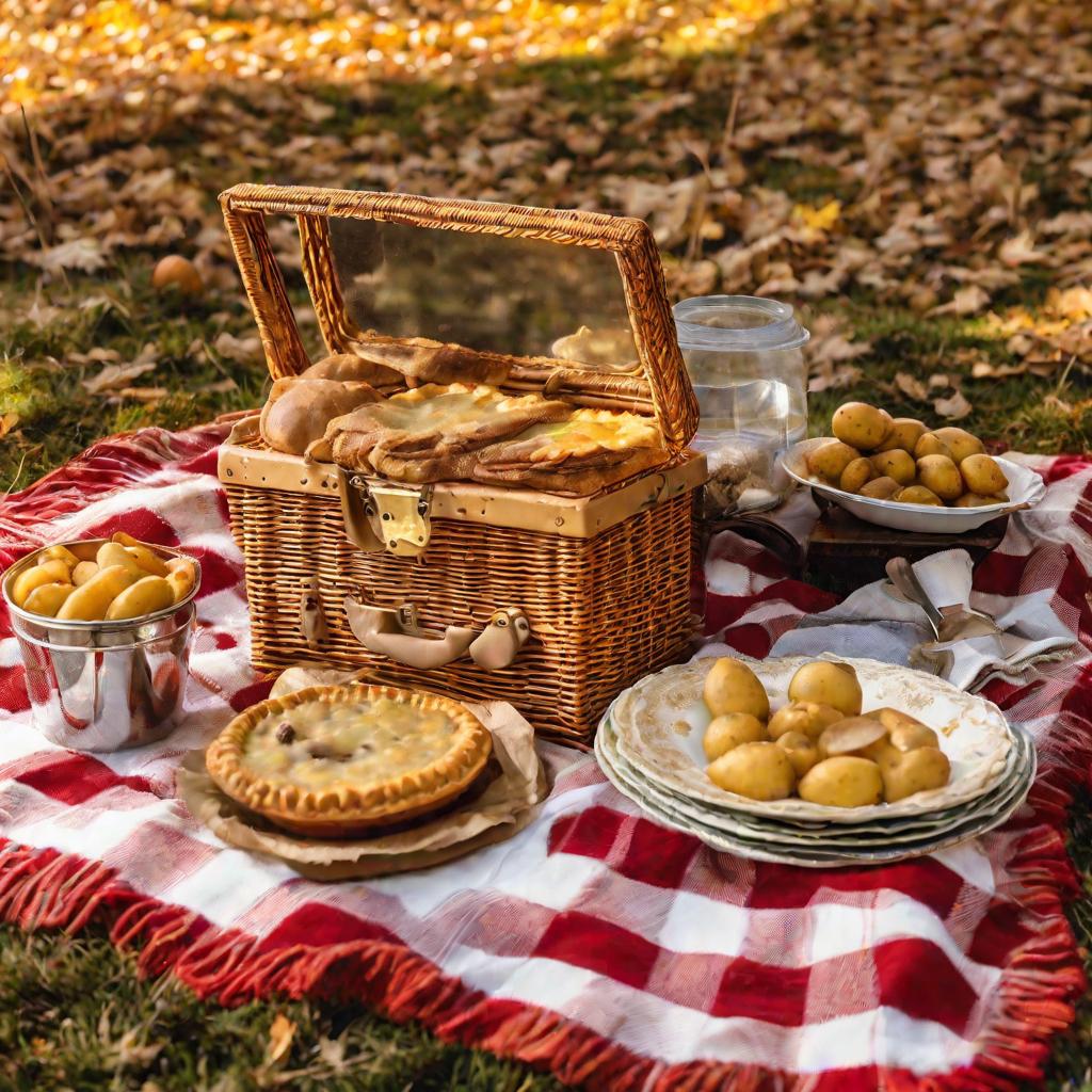 Пикник с пирогом на одеяле в парке осенним днем