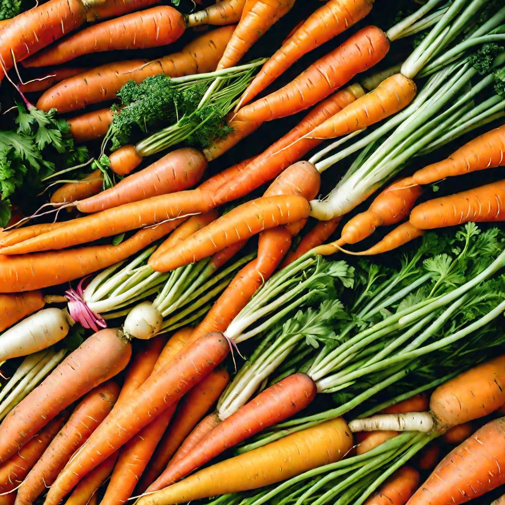 Прилавок на рынке, заваленный морковью