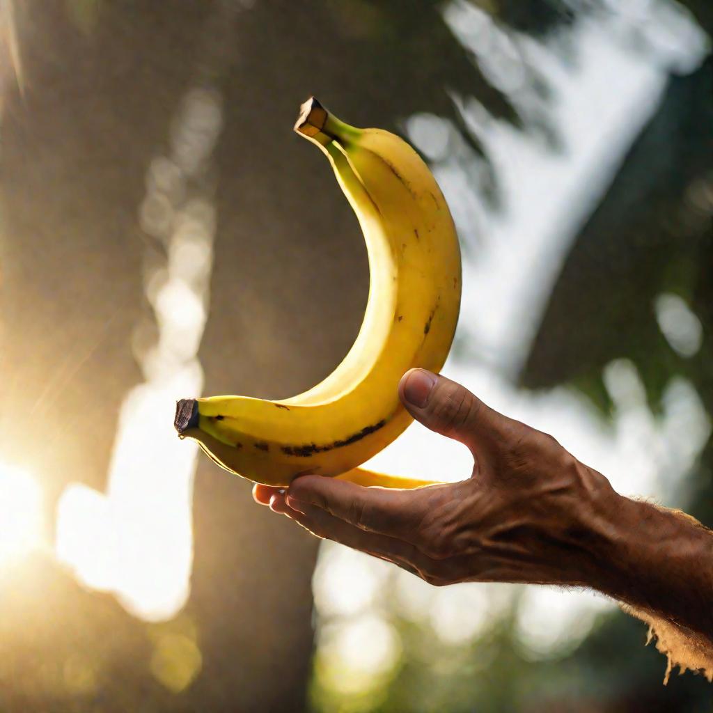 Крупный план банана в руке на солнечном свету