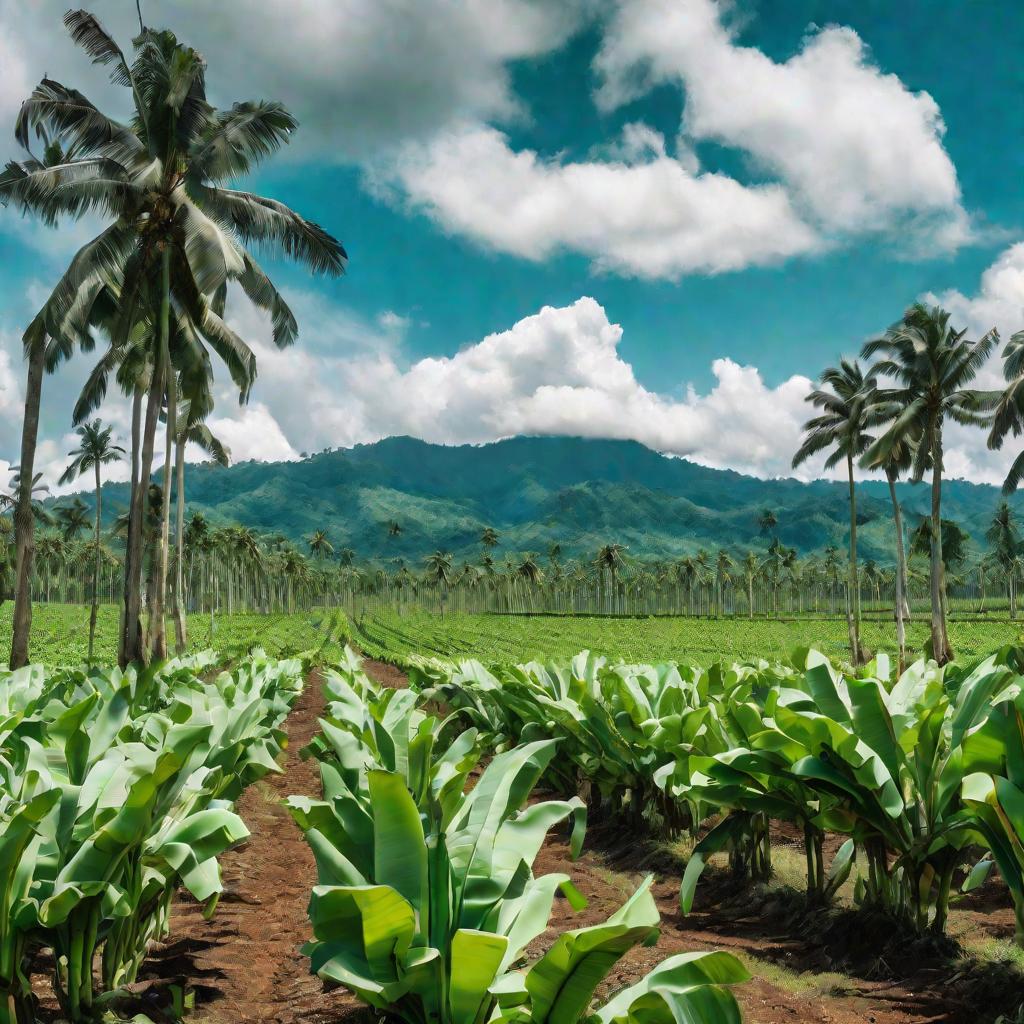 Плантация банановых деревьев на фоне гор