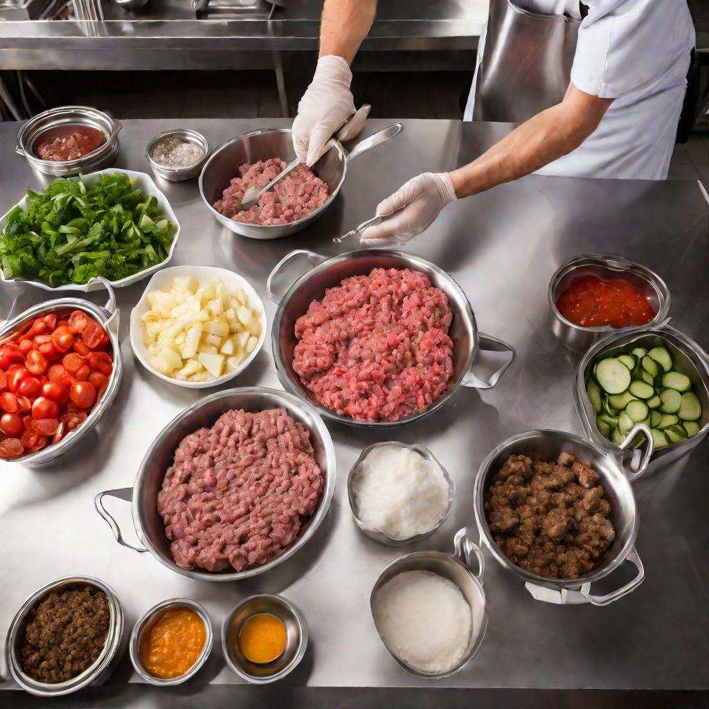 Приготовление мяса по-французски: нарезка овощей и мяса, взбивание соуса