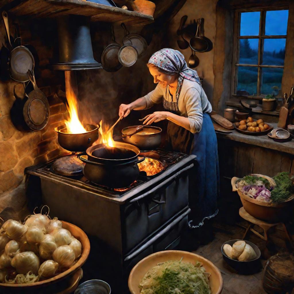 Женщина готовит тушеную капусту на плите в сельской кухне