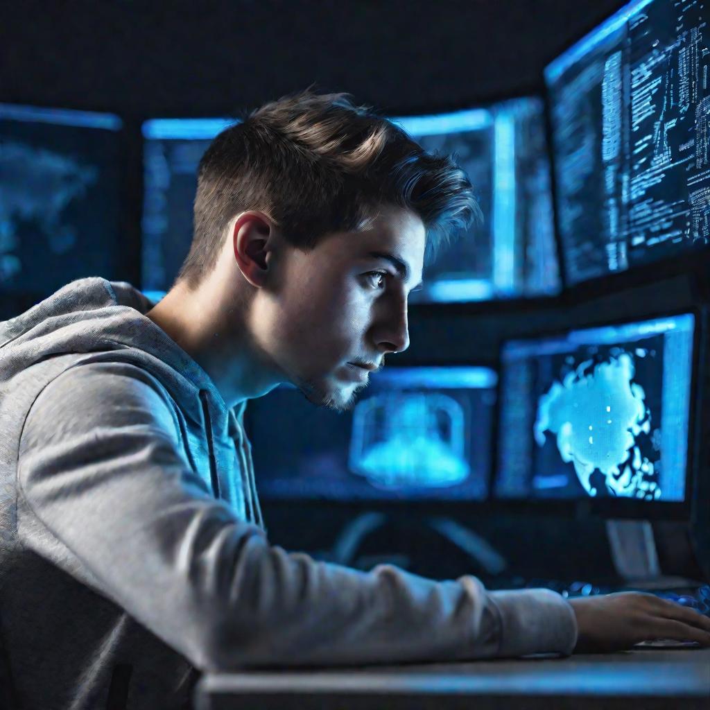 Портретный крупный план молодого программиста-мужчины, сидящего за столом и выглядящего сосредоточенно. Он пишет сложный веб-сайт, на двух мониторах перед ним виден код и разные окна. Сцена ярко освещена неоново-синим светом от мониторов, выделяющим детал