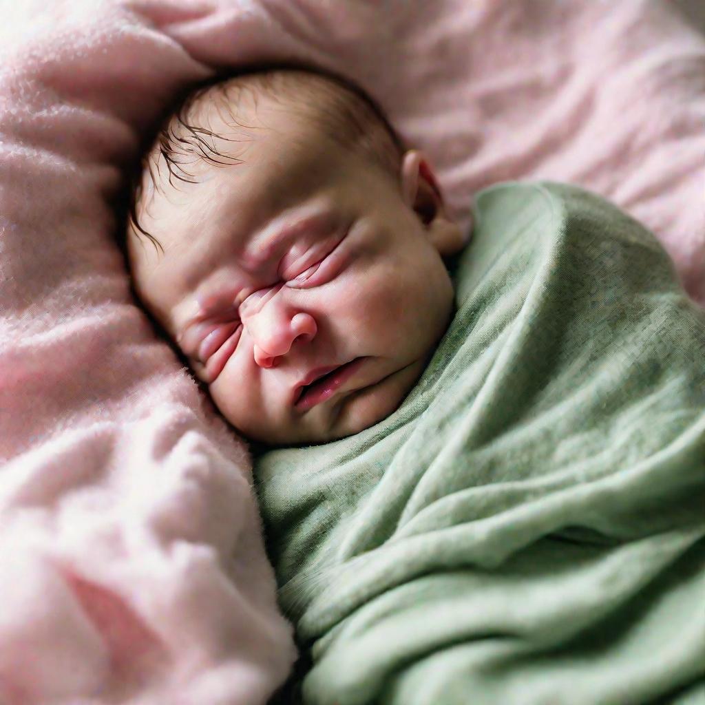 Портрет кряхтящего новорожденного в одеялке.