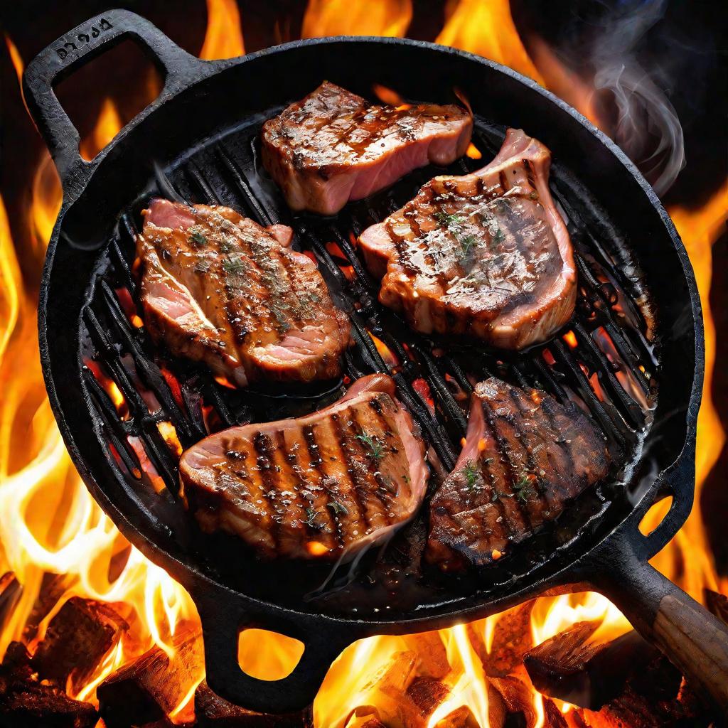Свиные стейки, шипящие на сковороде на открытом огне, источают ароматный дым