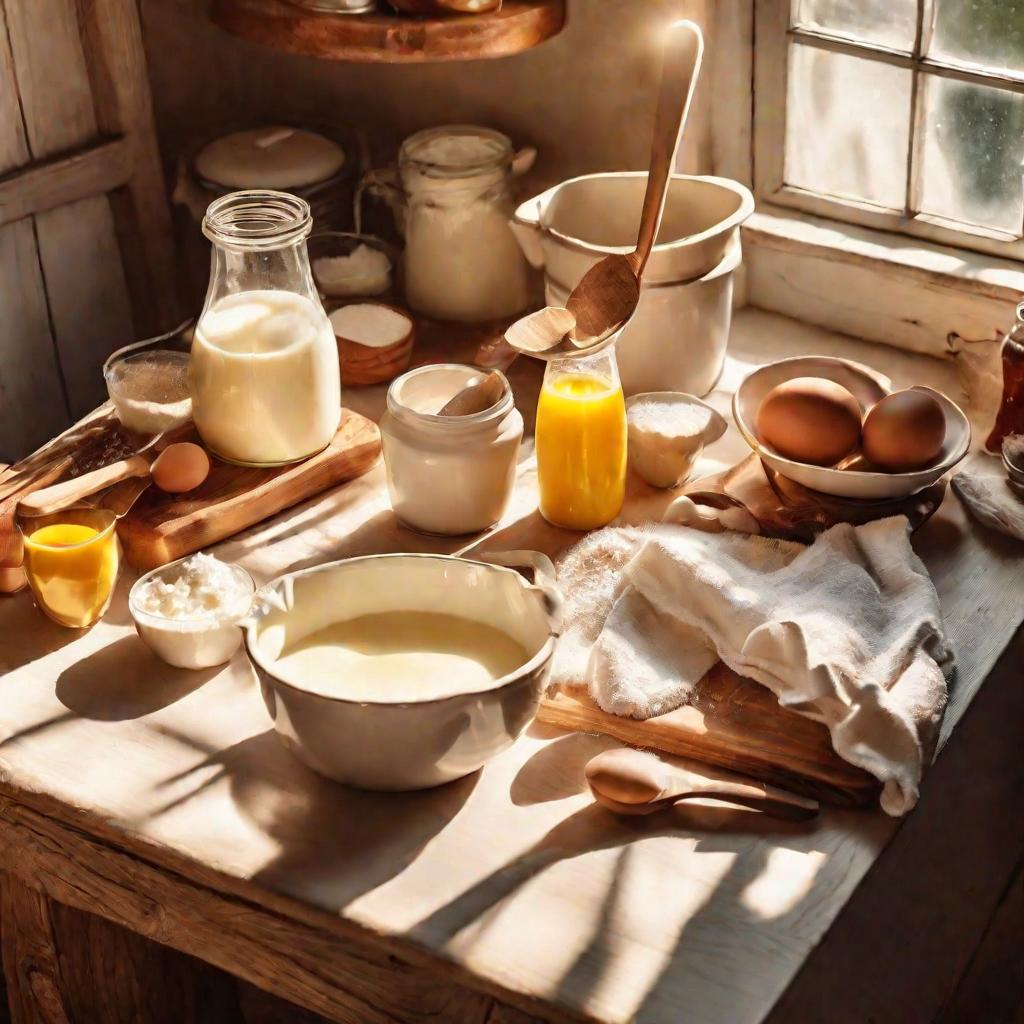Ингредиенты и принадлежности для приготовления топленого молока дома на кухонном столе
