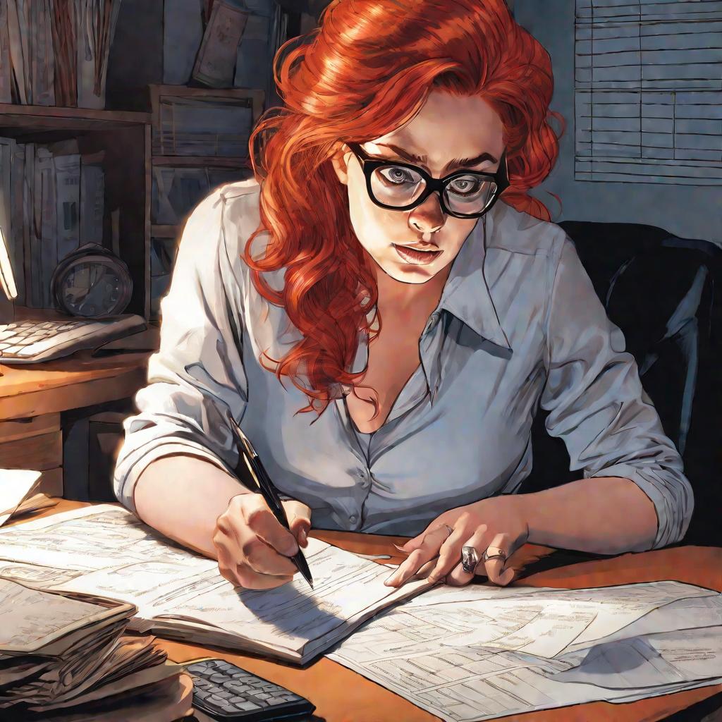 Женщина-бухгалтер внимательно проверяет цифры в бухгалтерском журнале