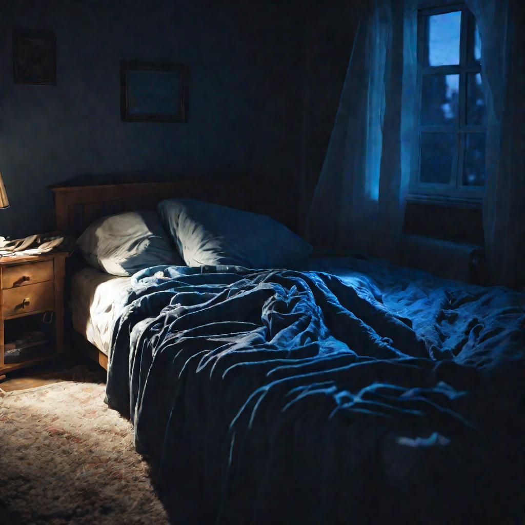 Неуютная незаправленная постель ночью в спальне