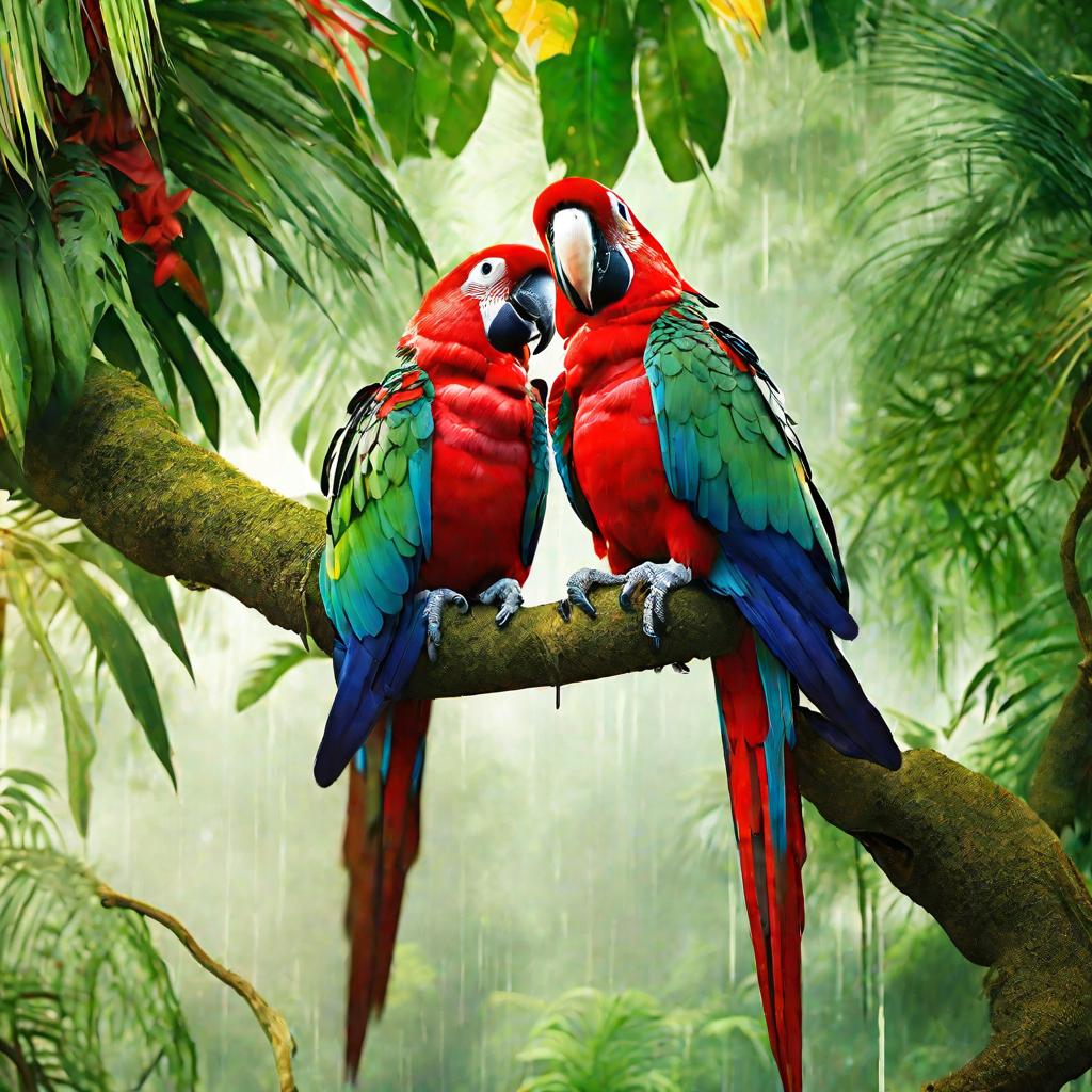 Попугаи на ветке в тропическом лесу