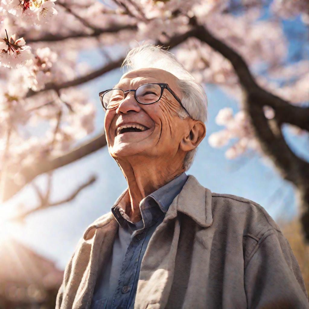 Пожилой мужчина на фоне цветущей вишни.