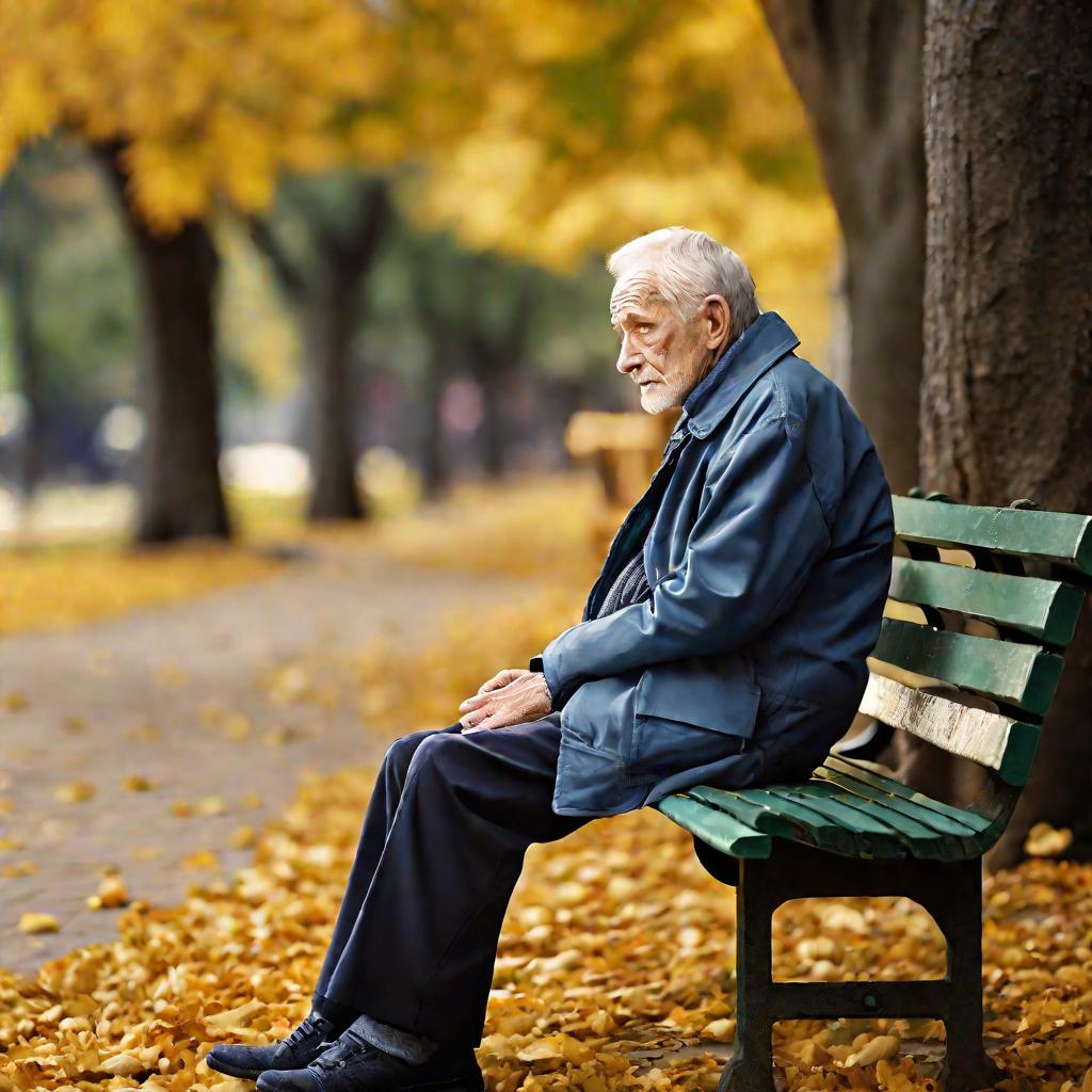 Портрет пожилого мужчины, задумчиво сидящего на скамейке в тихом парке в пасмурный осенний день. Вокруг него медленно падают золотые листья. Он смотрит вдаль с созерцательным выражением лица, погрузившись в воспоминания. Мягкое освещение и его поза переда