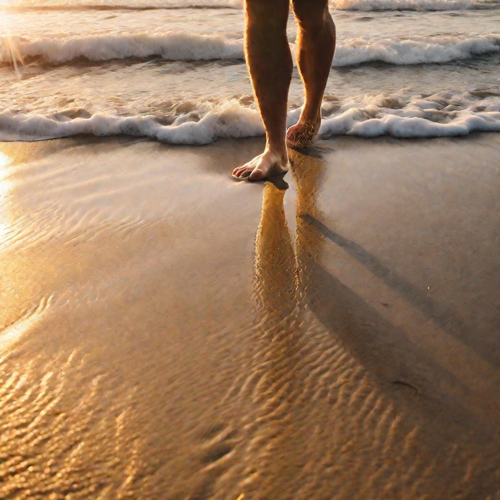 Плоскостопие во время ходьбы по песчаному пляжу на закате