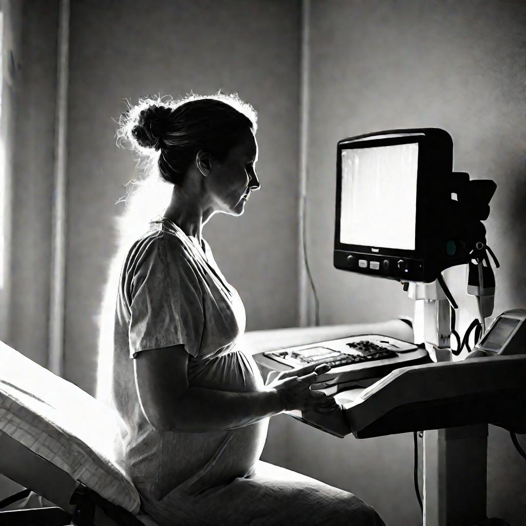 Солнечный свет проникает в окно больничной палаты, мягко освещая беременную женщину, задумчиво сидящую на кушетке для осмотра. Врач проводит ультразвуковое сканирование, со всем вниманием изучая зернистое черно-белое изображение на мониторе. Настроение сп