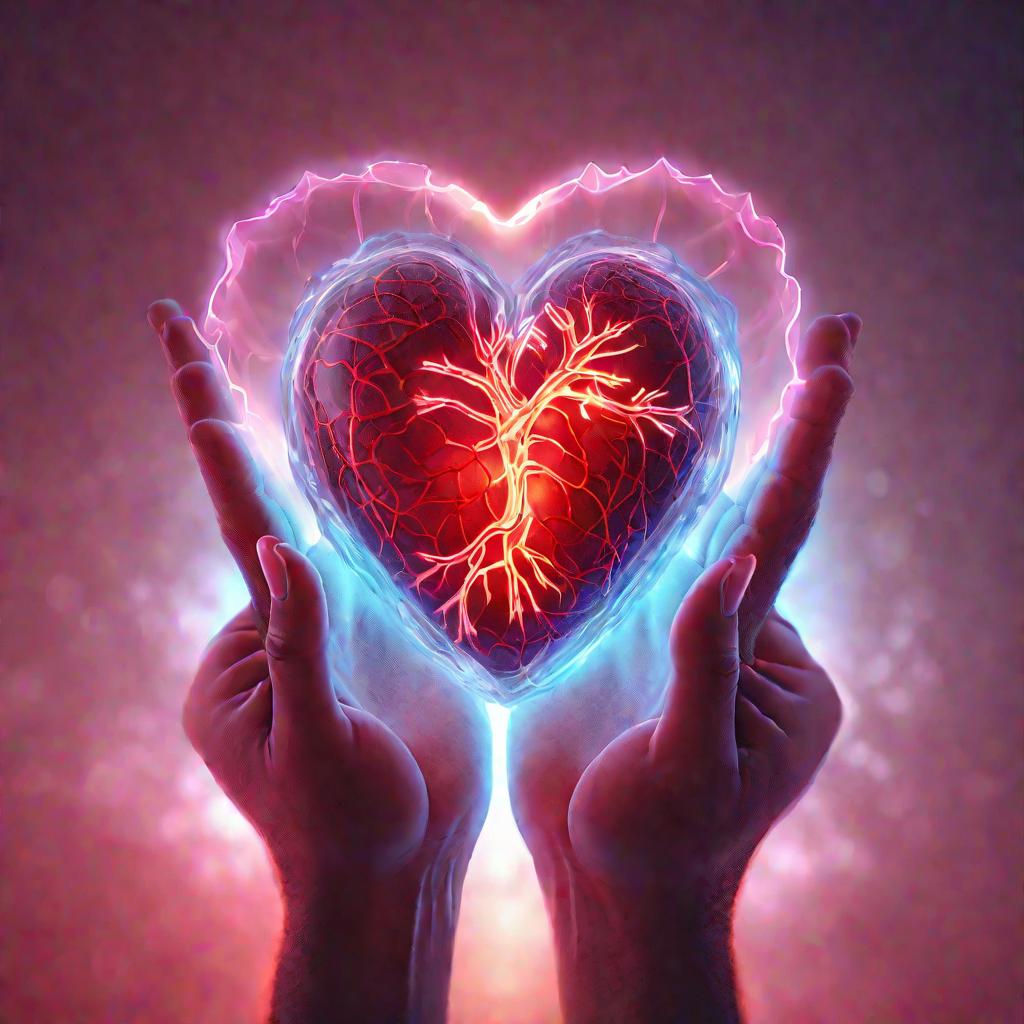 Драматичный крупный план чашеобразно сложенных человеческих рук, держащих сердце, тщательно вылепленное из светящегося красноватого неона. Сердце пульсирует внутренним светом, метафорически подчеркивая важность заботы о сердце.