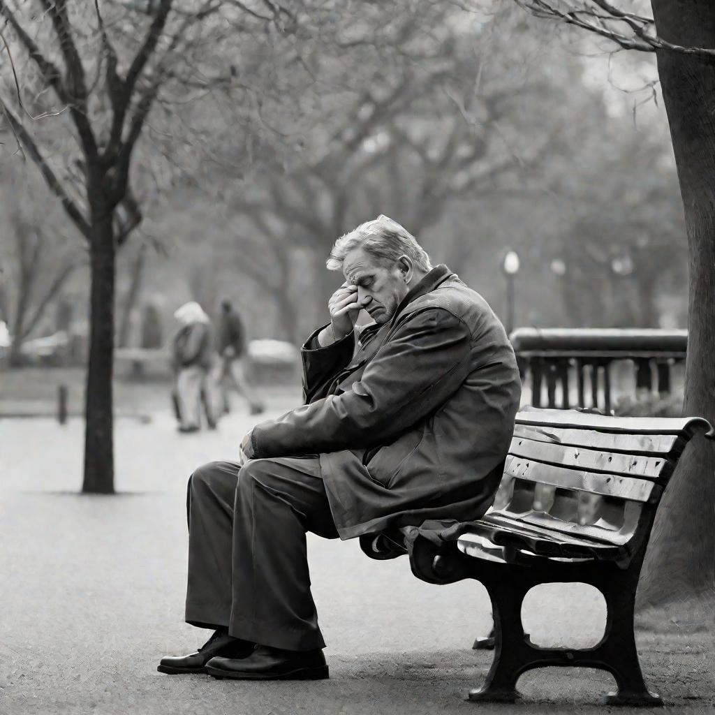 Мужчина сидит на скамейке в парке, задумавшись