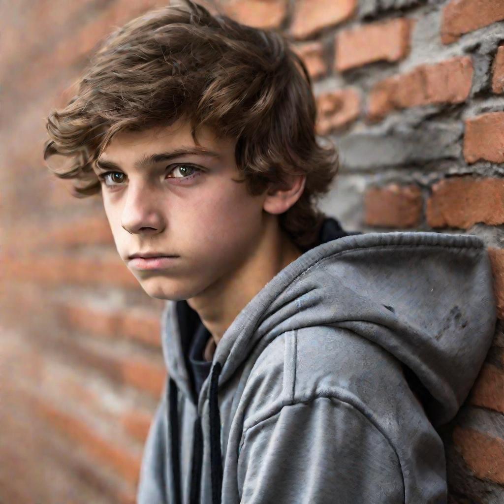 Портрет задумчивого подростка, опирающегося на кирпичную стену в пасмурный день.