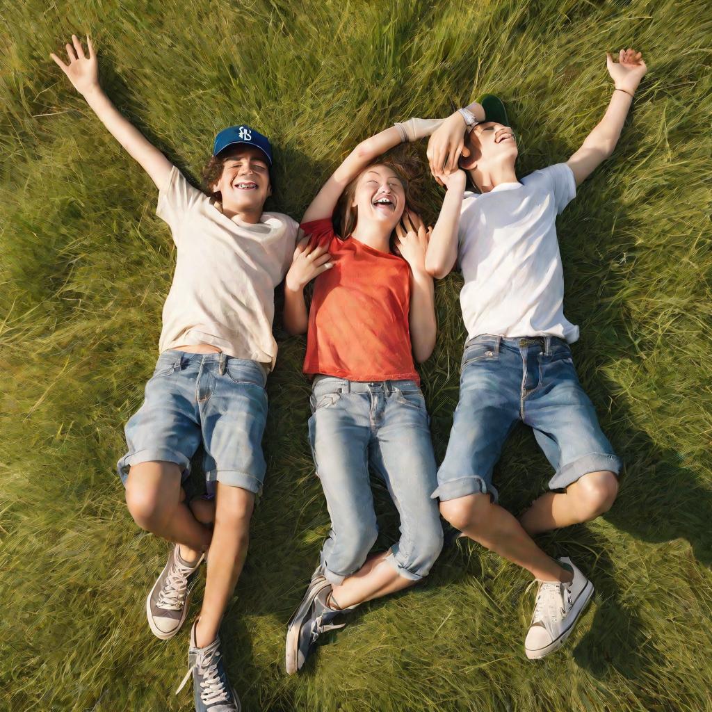 Трое подростков лежат на траве в солнечный летний день.