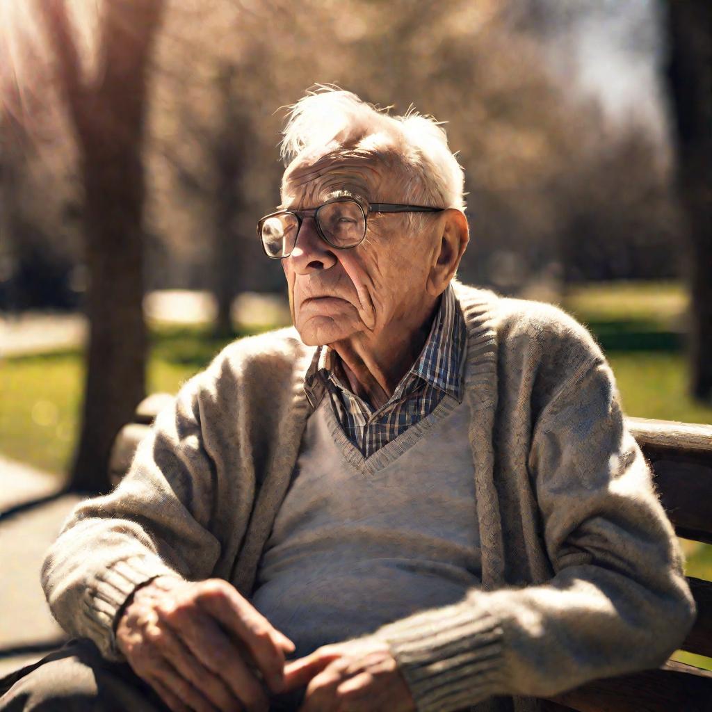 Портрет пожилого мужчины, задумавшегося на скамейке в парке