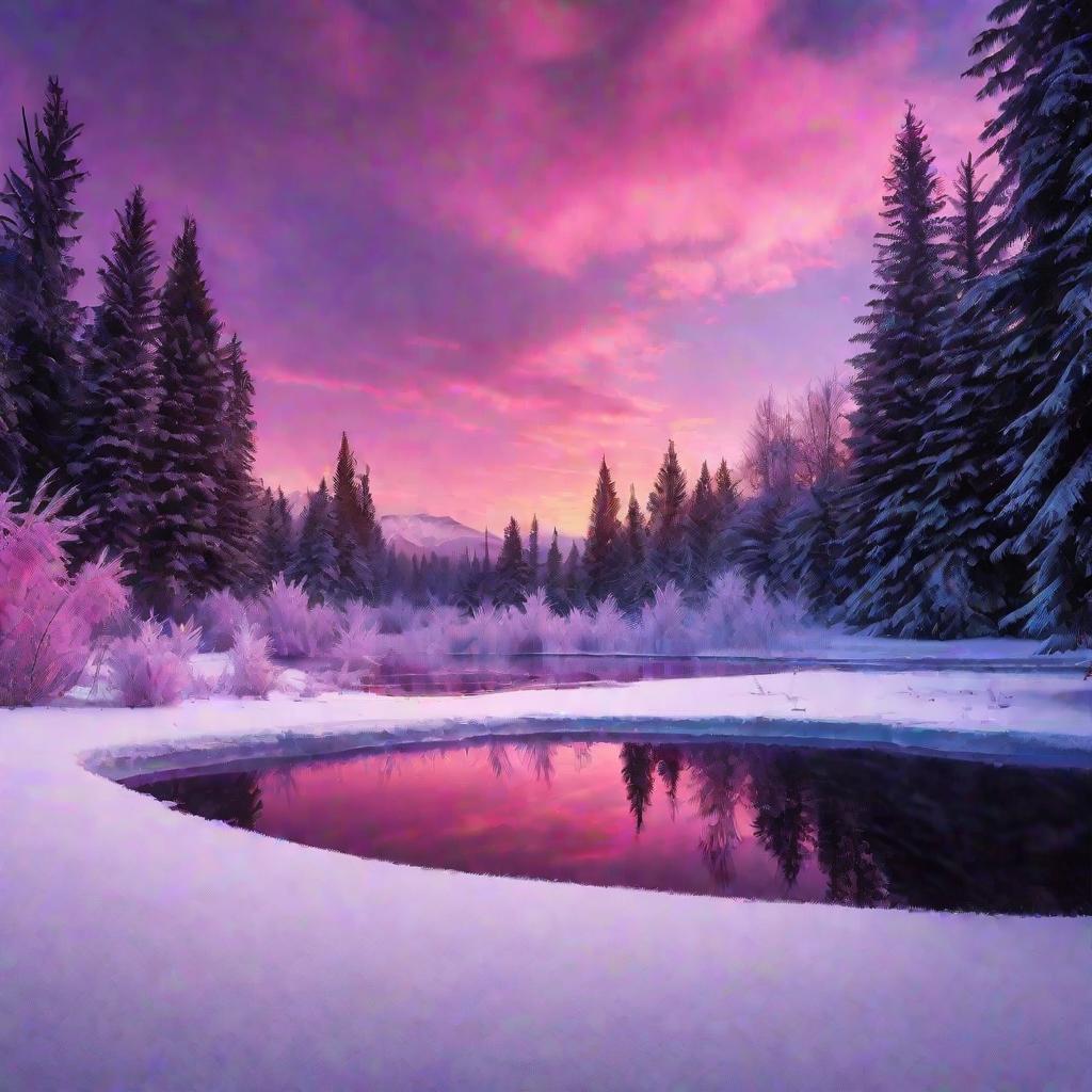 Замерзший пруд в лесу на закате.