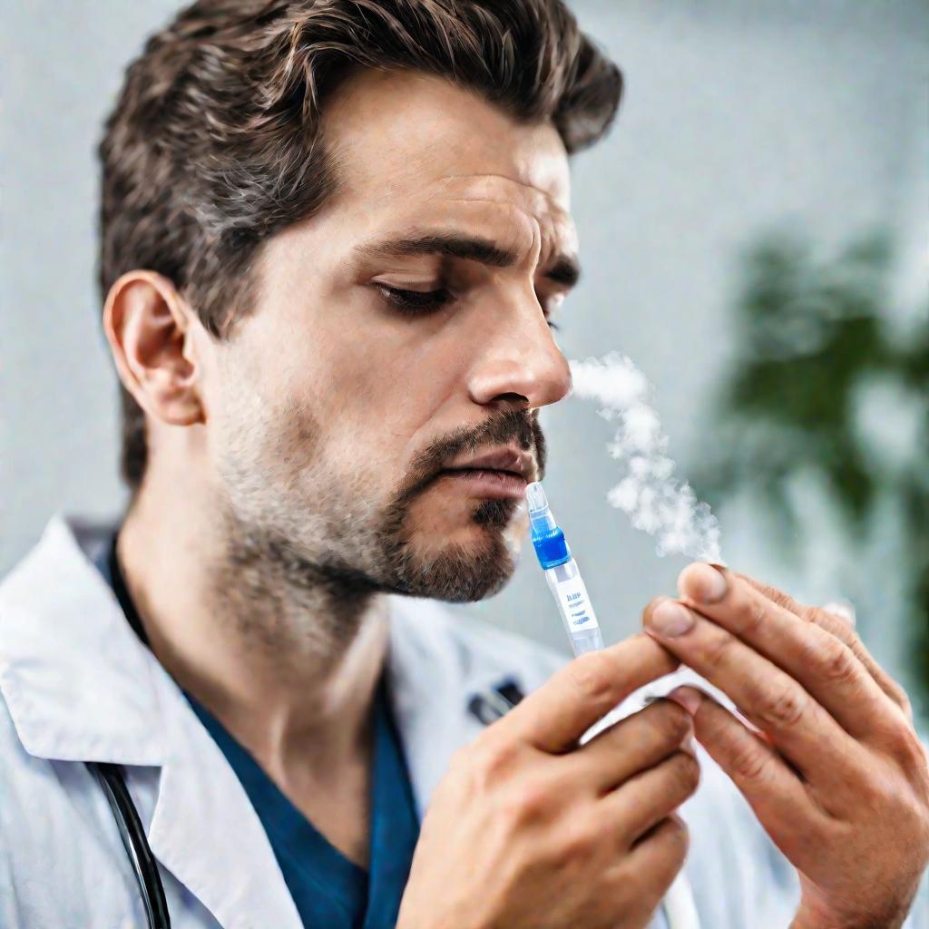 Мужчина распыляет спрей для носа в кабинете доктора, крупный план