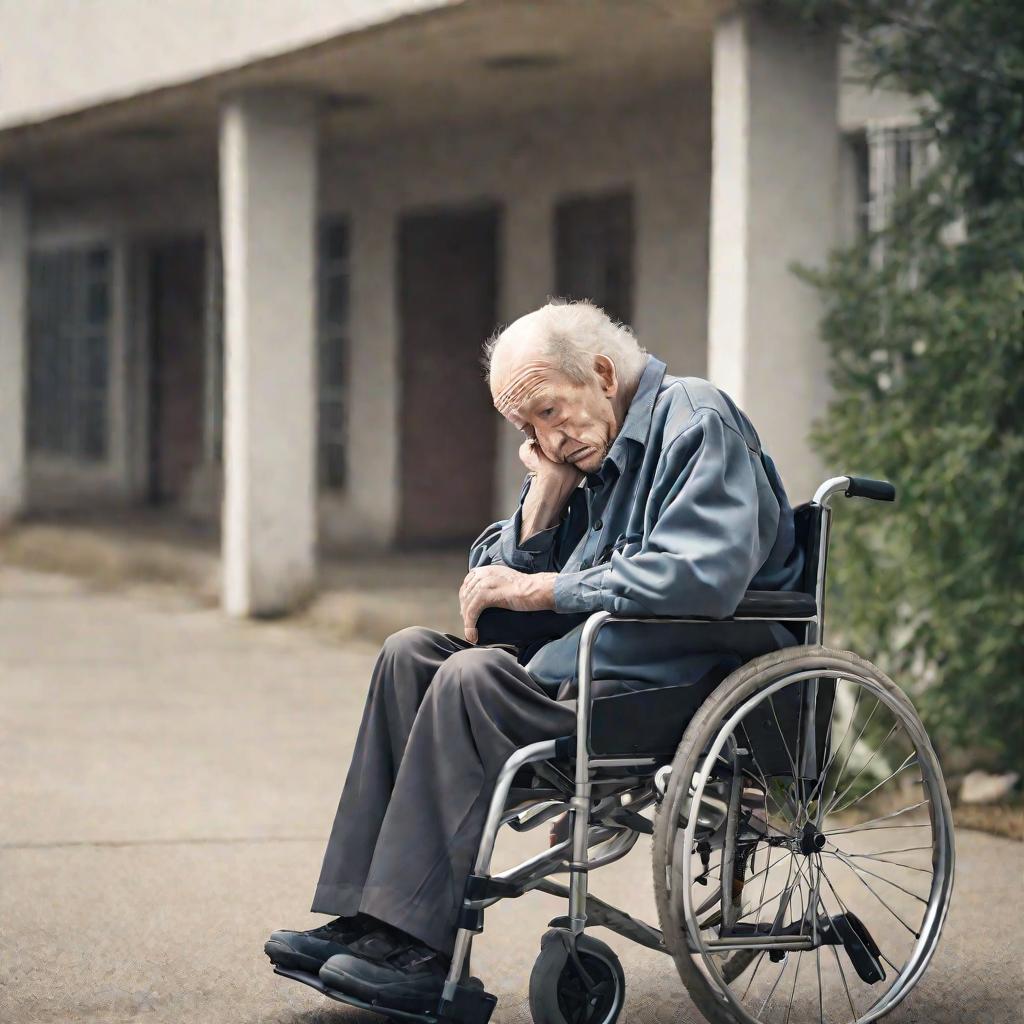 Одинокий старик в инвалидном кресле перед домом престарелых