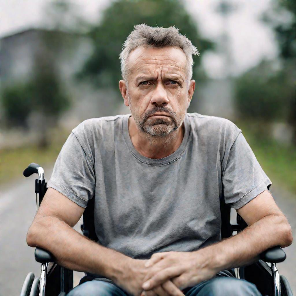 Портрет мужчины средних лет в инвалидной коляске на улице в пасмурный день