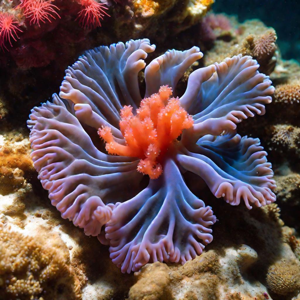 Крупный план одиночного кораллового полипа, похожего на экзотический подводный цветок.