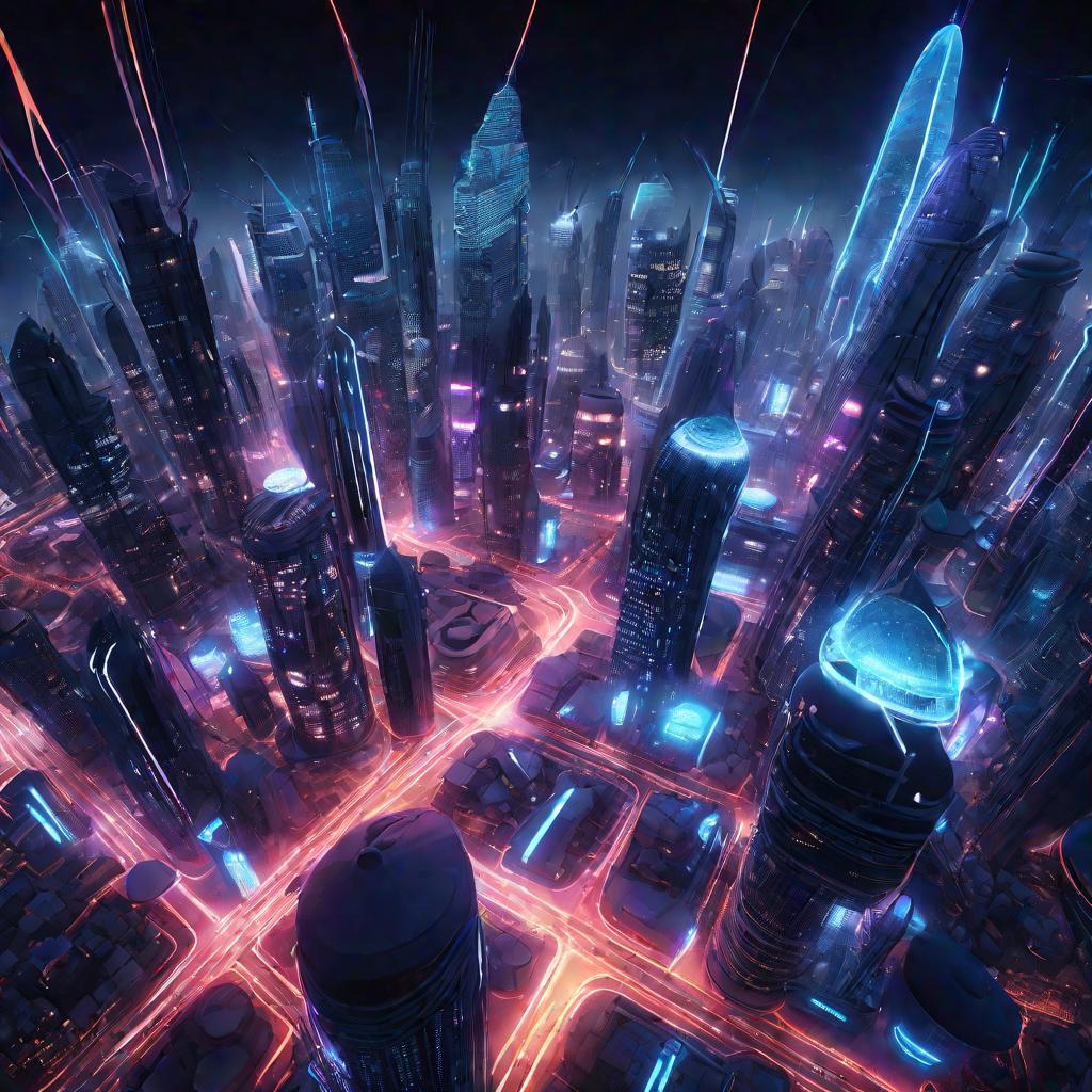 Футуристический ночной город с квантовыми частицами.