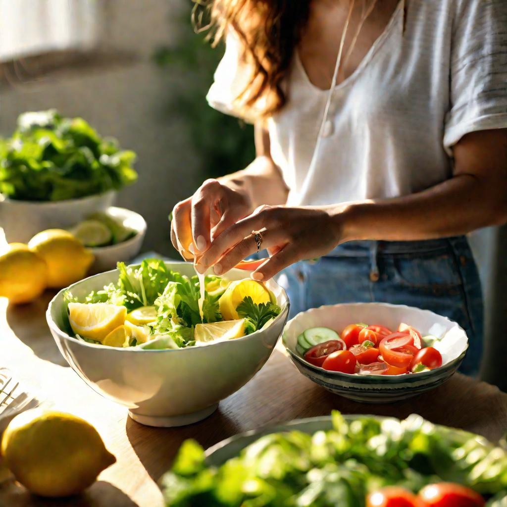 Женщина сжимает лимон над салатом. Яркий солнечный свет из окна. Салат с овощами и майонезной заправкой. Сосредоточенное лицо женщины. Размытый фон с кухонной утварью.