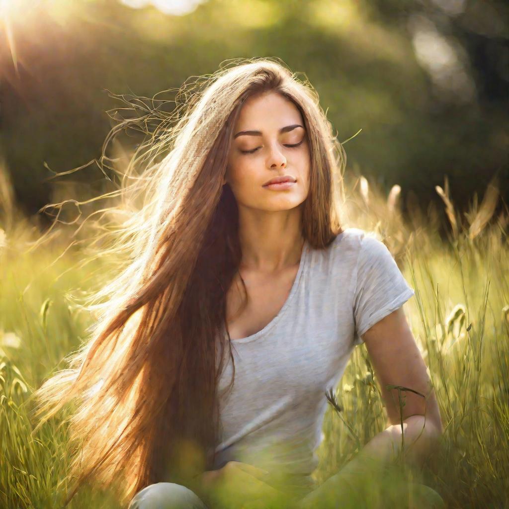 Девушка на лавочке на солнце с длинными блестящими волосами