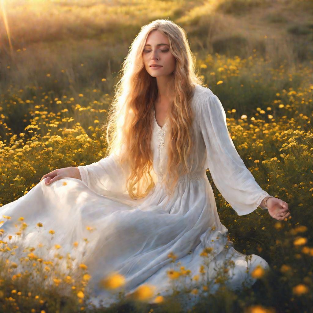 Женщина с золотыми волосами сидит в поле цветов