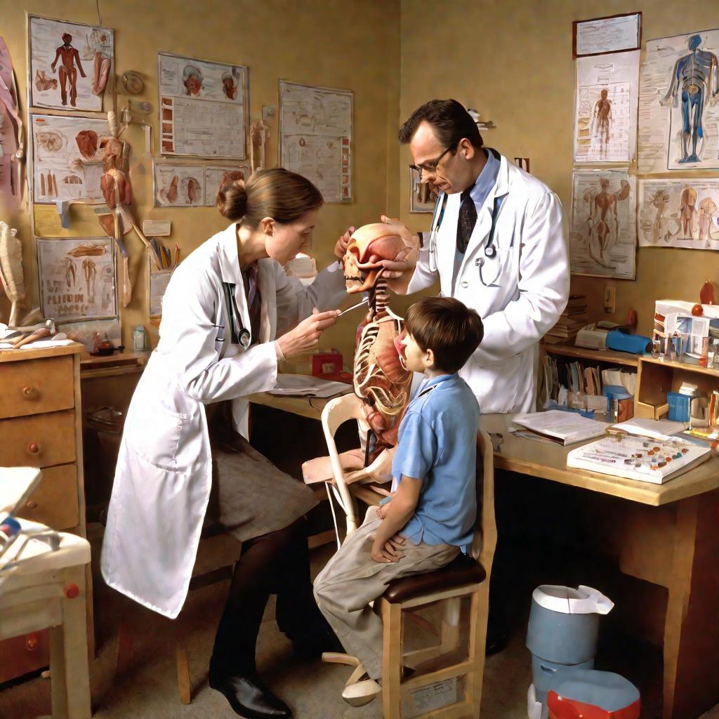 Педиатр осматривает горло мальчика в кабинете, мать смотрит обеспокоенно, на столе модель увеличенных аденоидов