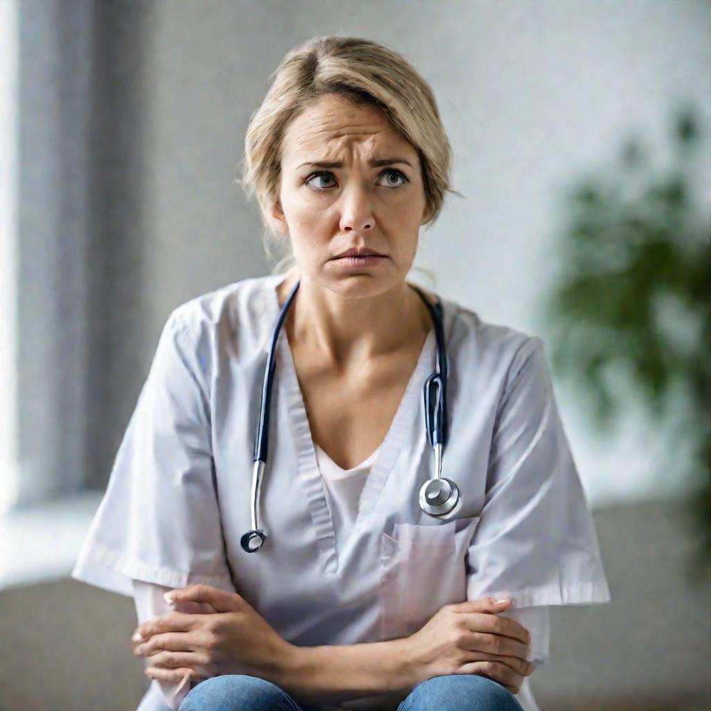 Обеспокоенная женщина в кабинете врача ожидает результатов осмотра груди
