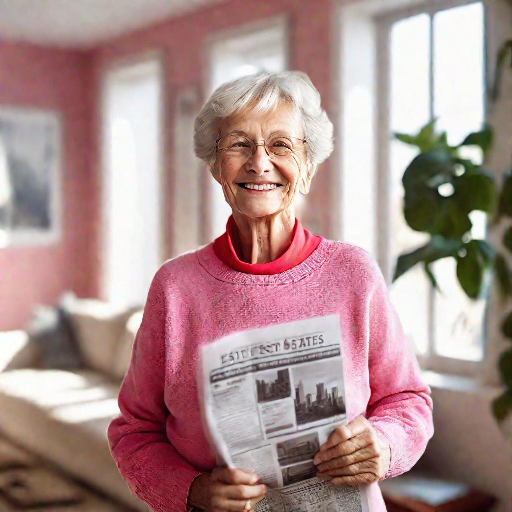 Крупный портрет улыбающейся пожилой женщины в розовом свитере, держащей газету с объявлением о недвижимости, обведенным красной ручкой. Она стоит в гостиной пустой квартиры в солнечное утро. Мягкий естественный свет из окна создает атмосферу надежды.